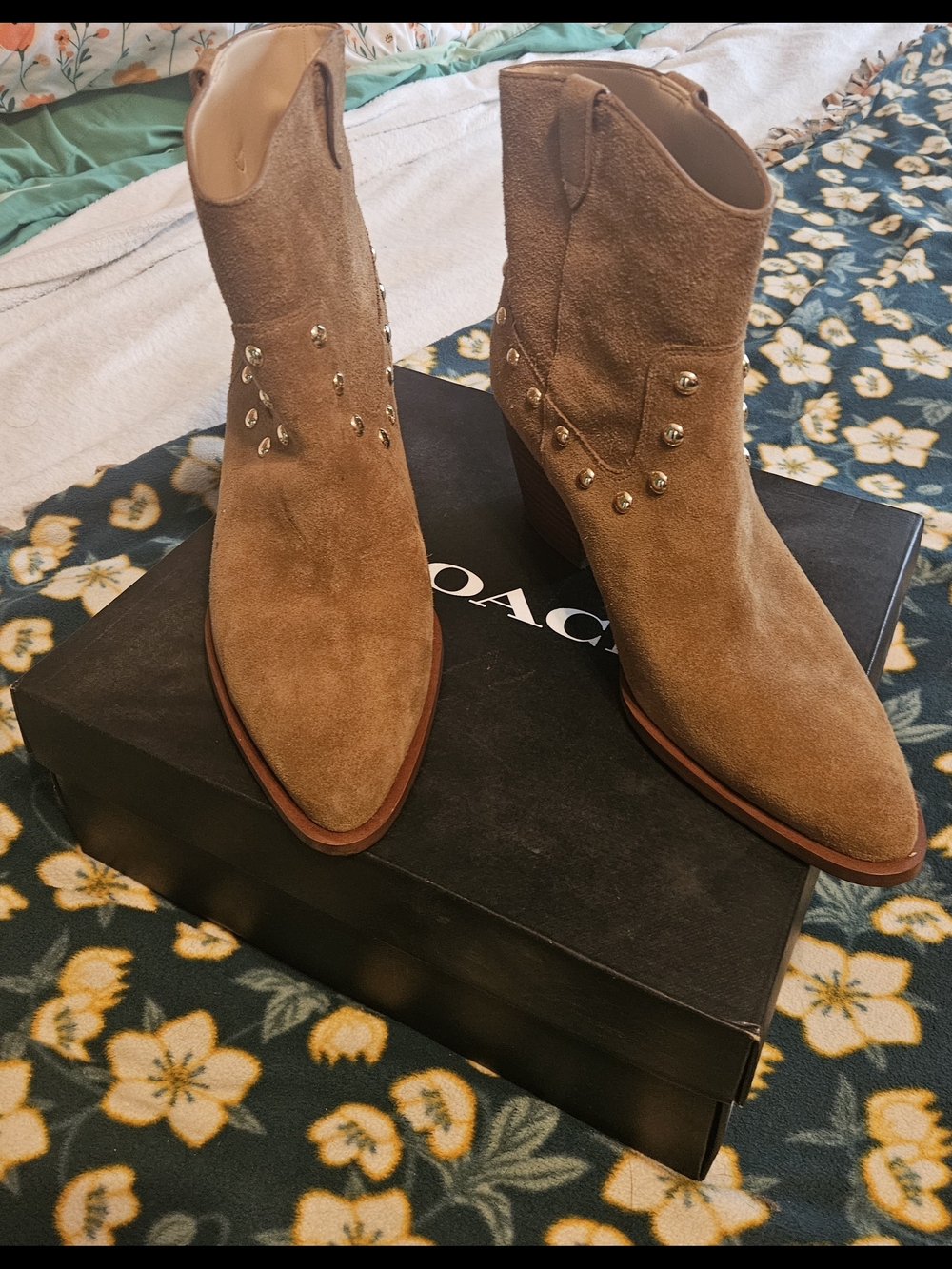 Coach Tan Suede Studded Western Ankle Boots